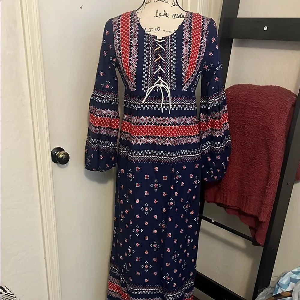 Vintage Juniors Of San Francisco Bohemian Front Lace Design Print Dress